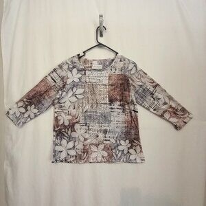 Alfred Dunner Women Shirt  Sz S  Long Sleeve Brown Tan Floral Light Weight